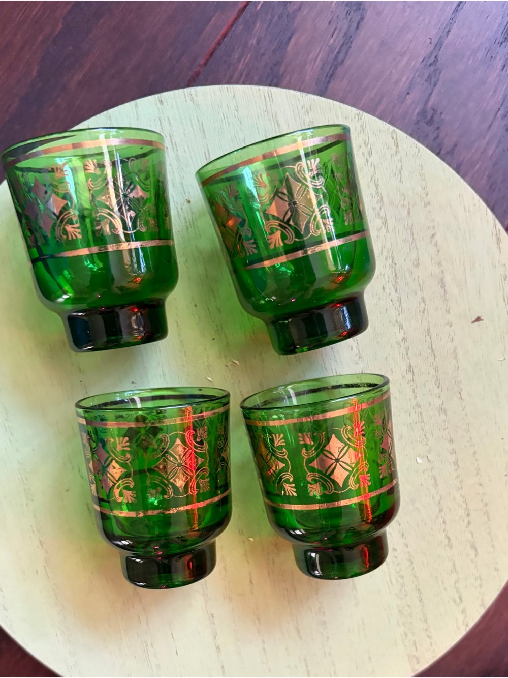 Vintage Emerald Green and Gold Cordial glasses set of 4